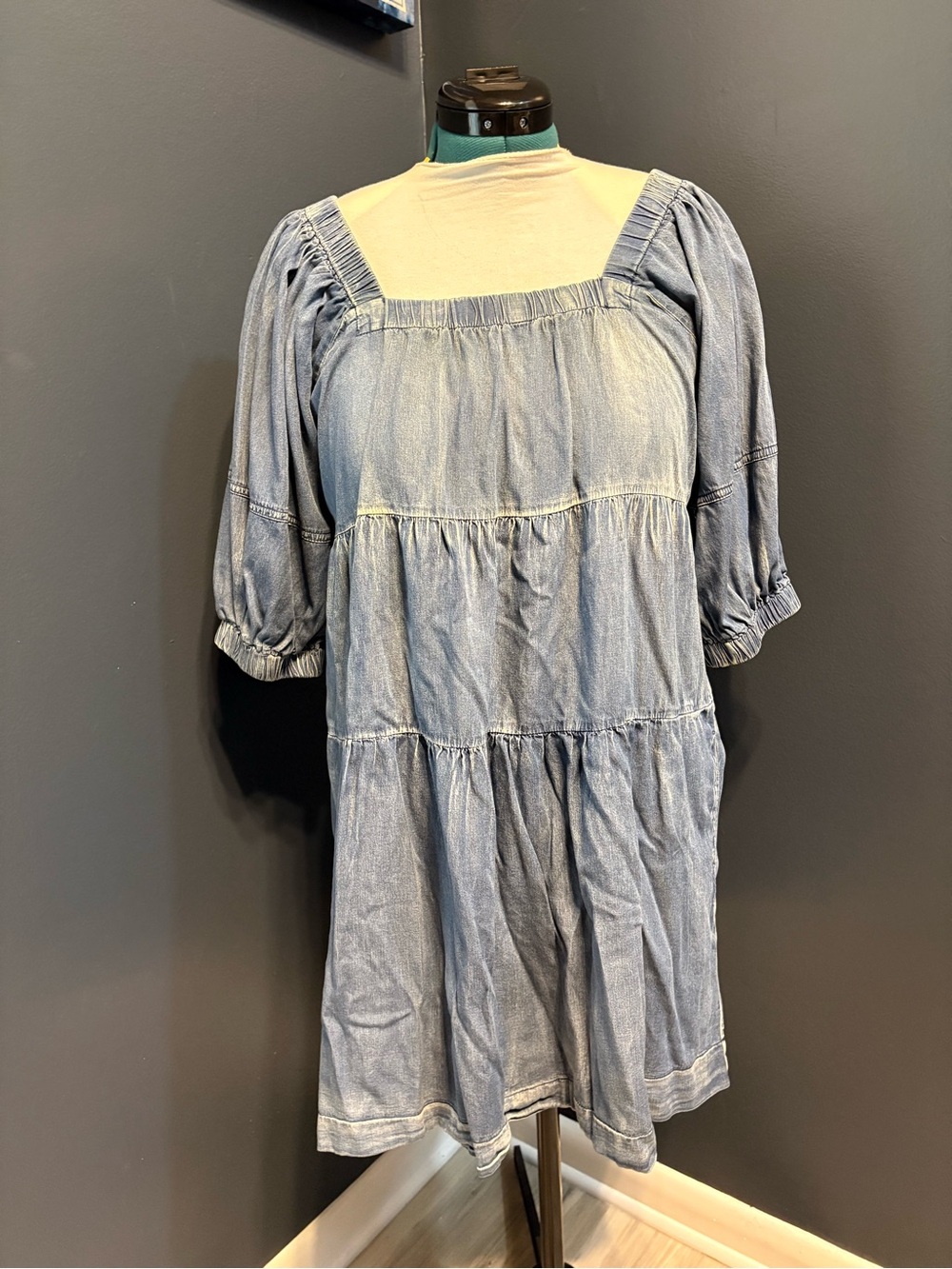 Colette Paris Tiered Square-Neck Mini Dress in Light Blue Denim